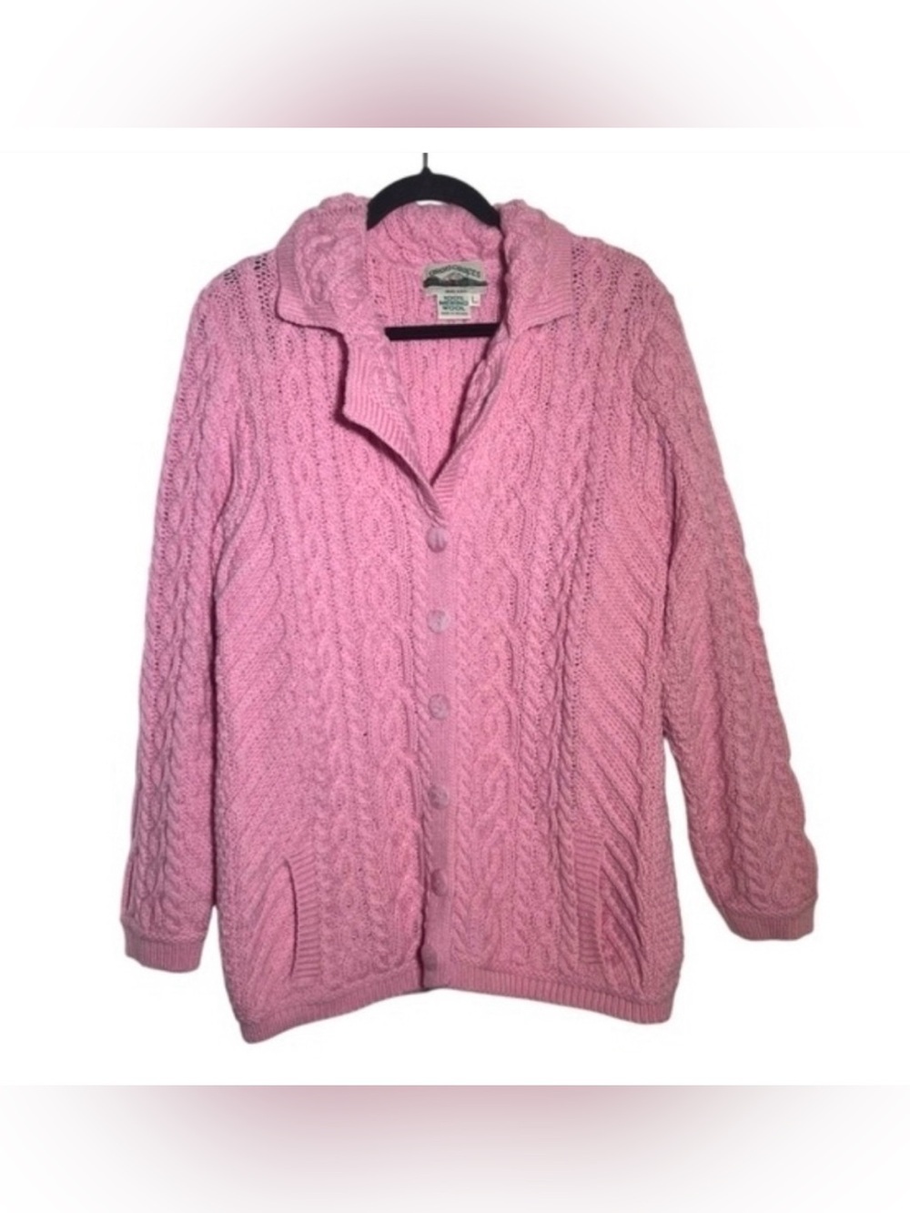 Aran Crafts Pink Cable Knit Button Cardigan Irish Wool Chunky